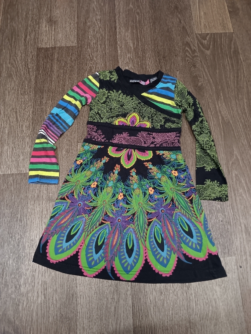 Desigual Black Dress with Bright Green, Blue, Pink & Yellow Paisley Print Sz 5-6